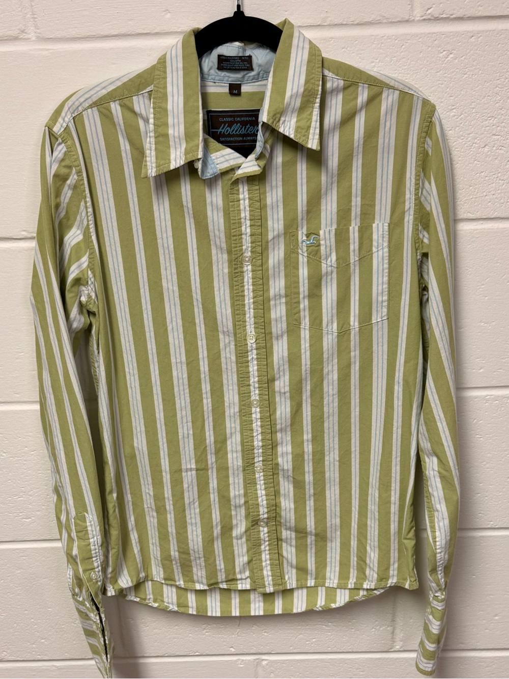 Y2K Hollister Olive Green & White/Blue Vertical Stripe Button-Down Shirt